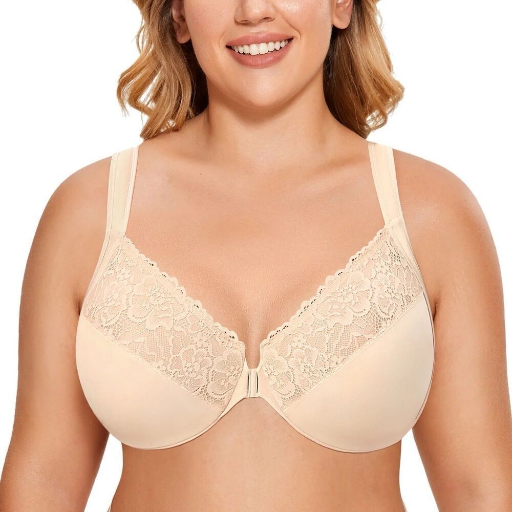 Delimira Women Bra 34B‎ Nude Front Closure  Unlined Lace Adjustable W657A